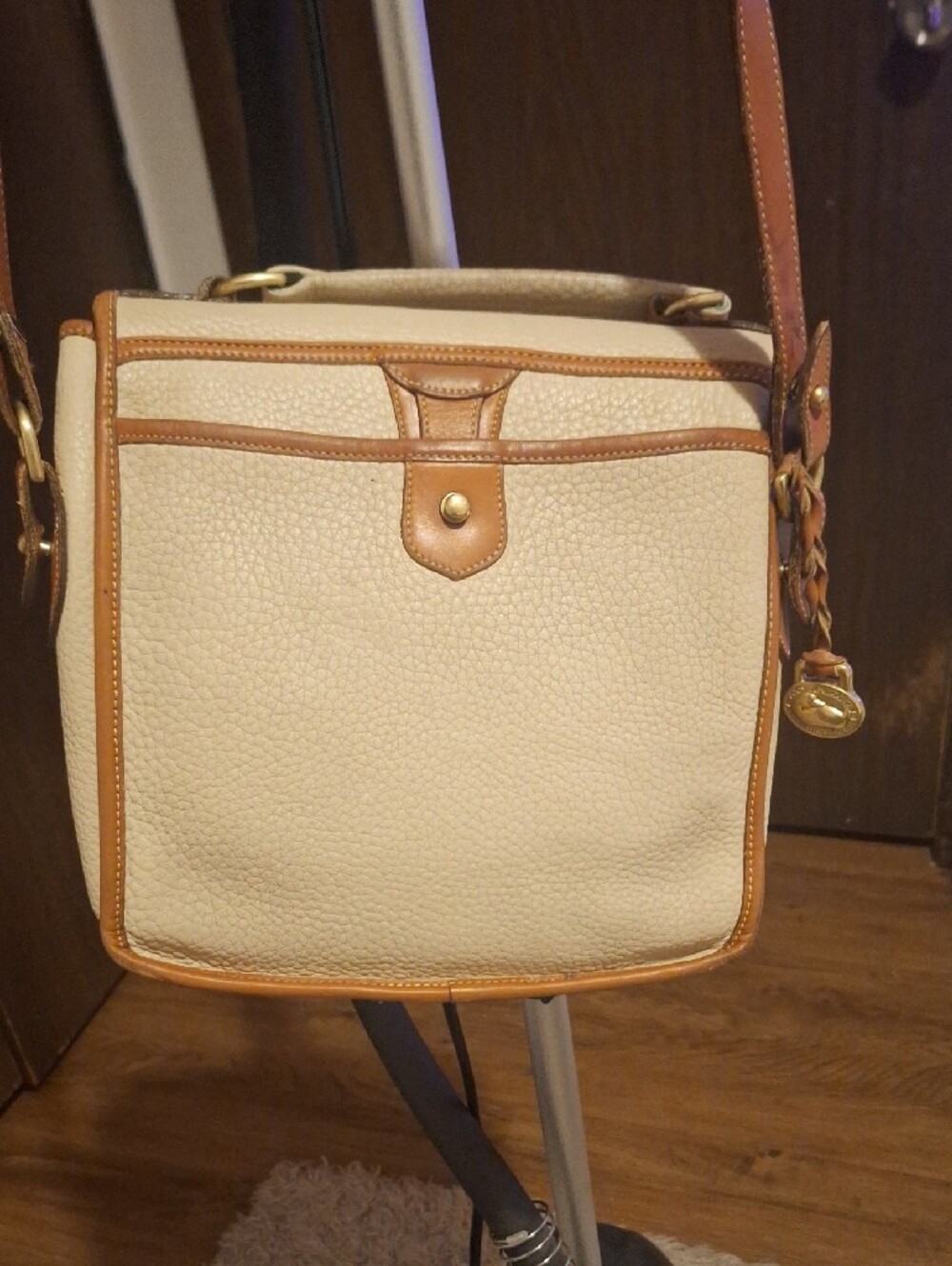 Dooney & Bourke Cream and Tan Pebbled Leather Crossbody - Picture 3 of 11